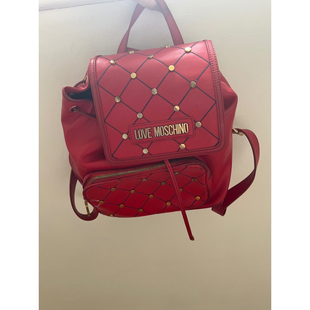 Love Moschino Red Quilted Studded Faux Leather Backpack Gold Hardware Logo Bag